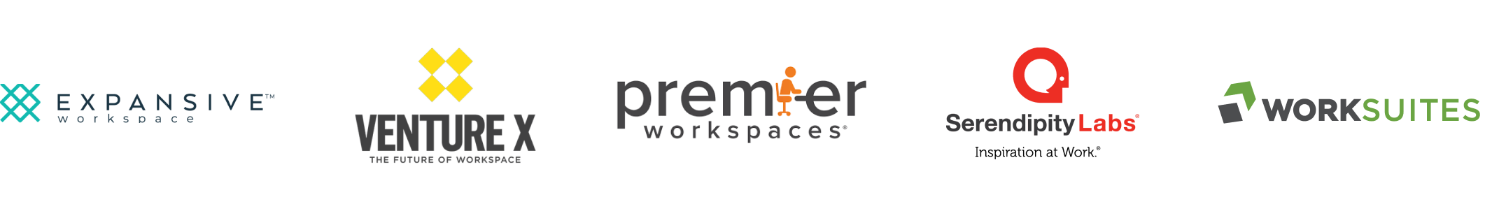 Logos of Expansive Workspaces, VentureX, Premier, Workspaces Serendipity Labs, and Worksuites